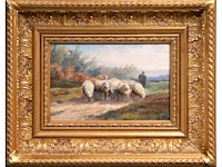 Jef louis van leemputten (1867-1948), shepherd with his flock of sheep, oil on panel 21 x 32 cm. (8.26 x 12.59 in.), frame: 42 x 53 cm. (16.53 x 20.87 in.) - afbeelding 2 van  5