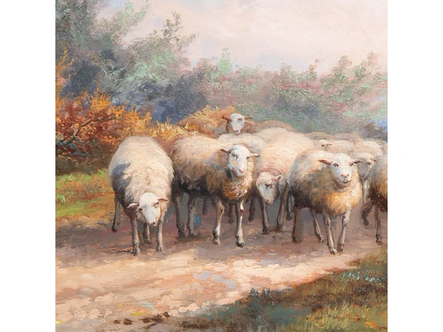 Jef louis van leemputten (1867-1948), shepherd with his flock of sheep, oil on panel 21 x 32 cm. (8.26 x 12.59 in.), frame: 42 x 53 cm. (16.53 x 20.87 in.) - afbeelding 4 van  5