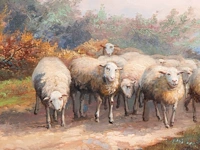 Jef louis van leemputten (1867-1948), shepherd with his flock of sheep, oil on panel 21 x 32 cm. (8.26 x 12.59 in.), frame: 42 x 53 cm. (16.53 x 20.87 in.) - afbeelding 4 van  5
