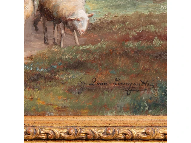 Jef louis van leemputten (1867-1948), shepherd with his flock of sheep, oil on panel 21 x 32 cm. (8.26 x 12.59 in.), frame: 42 x 53 cm. (16.53 x 20.87 in.) - afbeelding 5 van  5