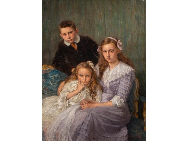 Jef van de fackere (1879-1946), family portrait (1911), oil on canvas, 130 x 97 cm. (51.17 x 38.18 in.), frame: 158 x 124 cm. (62.20 x 48.82 in.) - afbeelding 1 van  7
