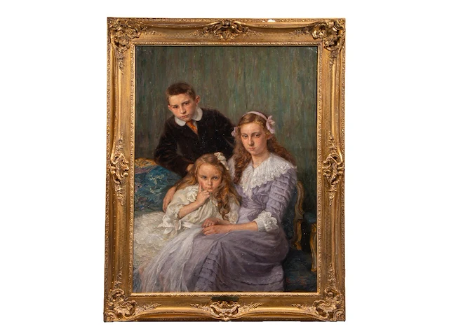 Jef van de fackere (1879-1946), family portrait (1911), oil on canvas, 130 x 97 cm. (51.17 x 38.18 in.), frame: 158 x 124 cm. (62.20 x 48.82 in.) - afbeelding 2 van  7
