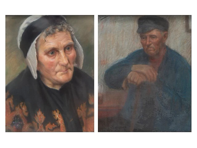 Jef van de fackere (1879-1946), two pastel portraits of a male and female farmer 32 x 26 cm. (12.59 x 10.24 in.), frame: 44 x 37 cm. (17.32 x 14.57 in.) - afbeelding 1 van  5