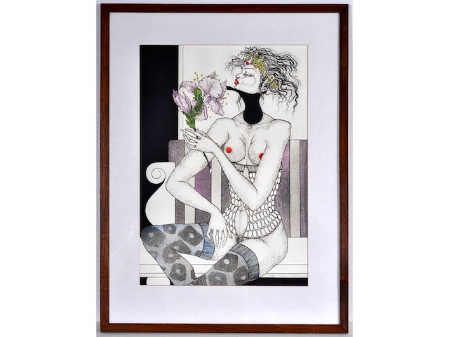 Jef van tuerenhout - naakt met bloemen - kleurenets - ingelijst - afbeelding 1 van  5