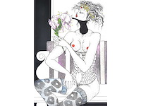 Jef van tuerenhout - naakt met bloemen - kleurenets - ingelijst - afbeelding 2 van  5