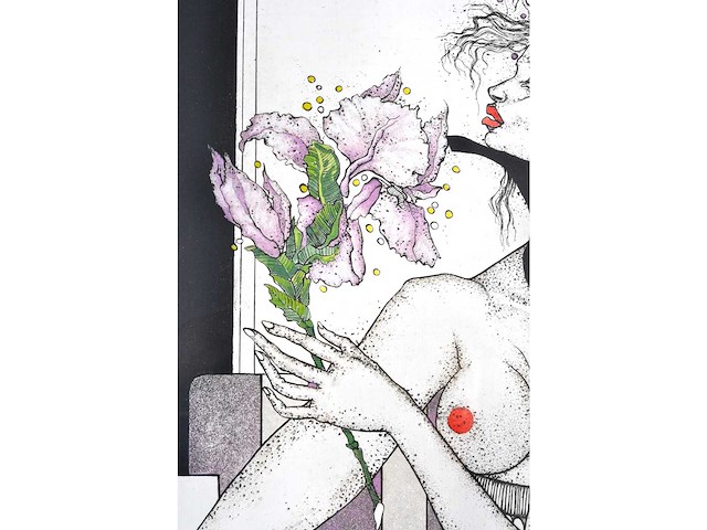 Jef van tuerenhout - naakt met bloemen - kleurenets - ingelijst - afbeelding 4 van  5