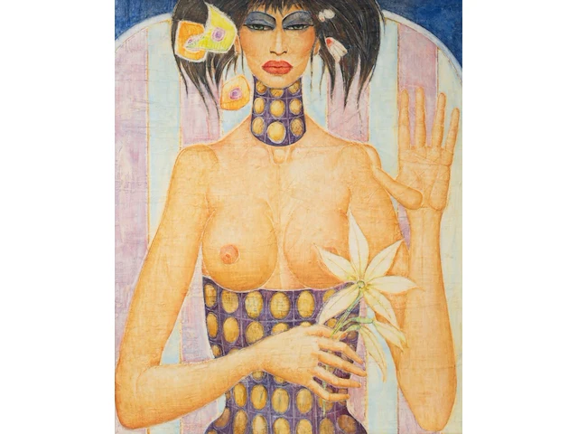 Jef van tuerenhout (1926-2006), woman holding a flower, mixed media on paper 100 x 80 cm. (39.36 x 31 1/2 in.), frame: 126 x 106 cm. (49.60 x 41.72 in.) - afbeelding 1 van  6
