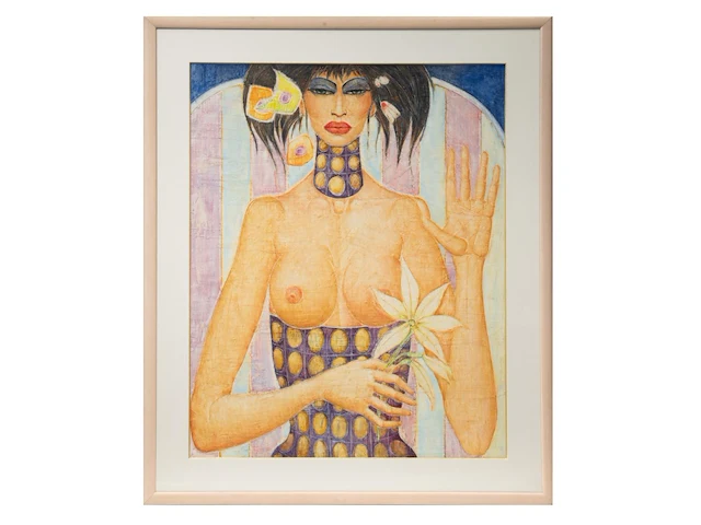 Jef van tuerenhout (1926-2006), woman holding a flower, mixed media on paper 100 x 80 cm. (39.36 x 31 1/2 in.), frame: 126 x 106 cm. (49.60 x 41.72 in.) - afbeelding 2 van  6