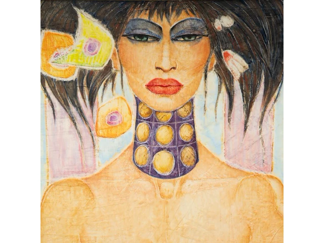 Jef van tuerenhout (1926-2006), woman holding a flower, mixed media on paper 100 x 80 cm. (39.36 x 31 1/2 in.), frame: 126 x 106 cm. (49.60 x 41.72 in.) - afbeelding 4 van  6