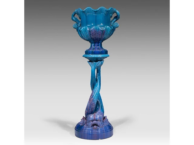 Jérôme massier (1850-1926), a turquoise glazed ceramic jardinière and stand, total h: 129 cm - afbeelding 1 van  9
