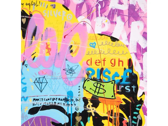 Jisbar (1989), ‘pink mm love’, 2018, mixed media on canvas 80 x 80 cm. (31 1/2 x 31 1/2 in.), frame: 82.5 x 82.5 cm. (32.47 x 32.47 in.) - afbeelding 8 van  9
