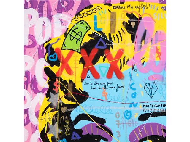 Jisbar (1989), ‘pink mm love’, 2018, mixed media on canvas 80 x 80 cm. (31 1/2 x 31 1/2 in.), frame: 82.5 x 82.5 cm. (32.47 x 32.47 in.) - afbeelding 9 van  9
