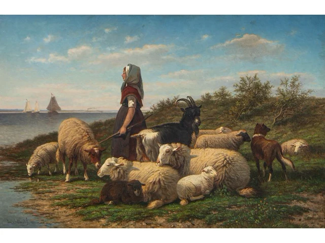 Johan nicolaas van lokhorst (1837-1893), shepherdess with her flock near the shore, 1872, oil on canvas 75 x 110 cm. (29.5 x 43.3 in.), frame: 103 x 140 cm. (40.5 x 55.1 in.) - afbeelding 1 van  8