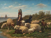 Johan nicolaas van lokhorst (1837-1893), shepherdess with her flock near the shore, 1872, oil on canvas 75 x 110 cm. (29.5 x 43.3 in.), frame: 103 x 140 cm. (40.5 x 55.1 in.)
