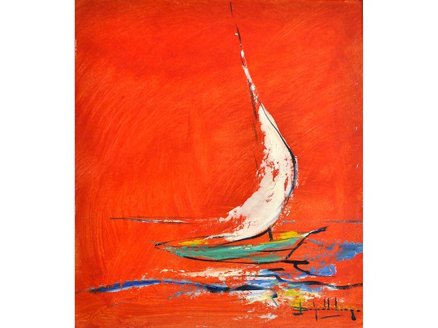 John schuddeboom - zeilboot bij avondrood - acryl op paneel - afbeelding 1 van  7