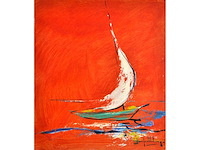 John schuddeboom - zeilboot bij avondrood - acryl op paneel