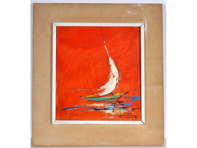 John schuddeboom - zeilboot bij avondrood - acryl op paneel - afbeelding 2 van  7