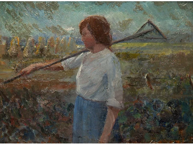 Jos van hest (?), young girl working on the land, oil on panel 18 x 24.5 cm. (7.08 x 9.65 in.), frame: 28 x 34 cm. (11.01 x 13.39 in.) - afbeelding 1 van  5