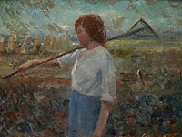Jos van hest (?), young girl working on the land, oil on panel 18 x 24.5 cm. (7.08 x 9.65 in.), frame: 28 x 34 cm. (11.01 x 13.39 in.)