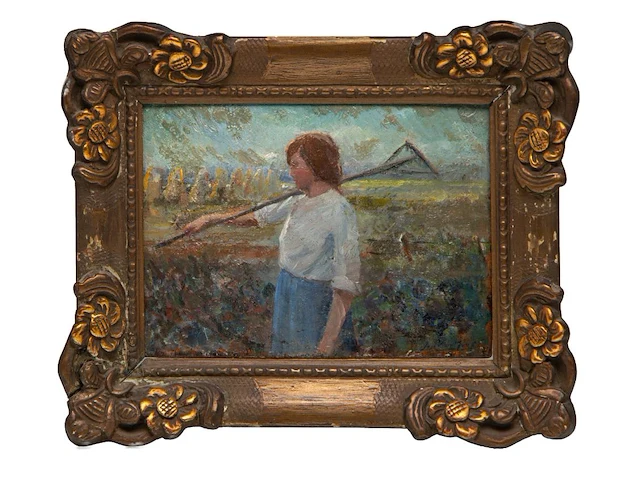 Jos van hest (?), young girl working on the land, oil on panel 18 x 24.5 cm. (7.08 x 9.65 in.), frame: 28 x 34 cm. (11.01 x 13.39 in.) - afbeelding 2 van  5