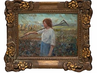 Jos van hest (?), young girl working on the land, oil on panel 18 x 24.5 cm. (7.08 x 9.65 in.), frame: 28 x 34 cm. (11.01 x 13.39 in.) - afbeelding 2 van  5