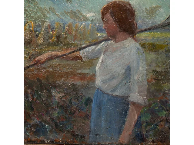 Jos van hest (?), young girl working on the land, oil on panel 18 x 24.5 cm. (7.08 x 9.65 in.), frame: 28 x 34 cm. (11.01 x 13.39 in.) - afbeelding 5 van  5