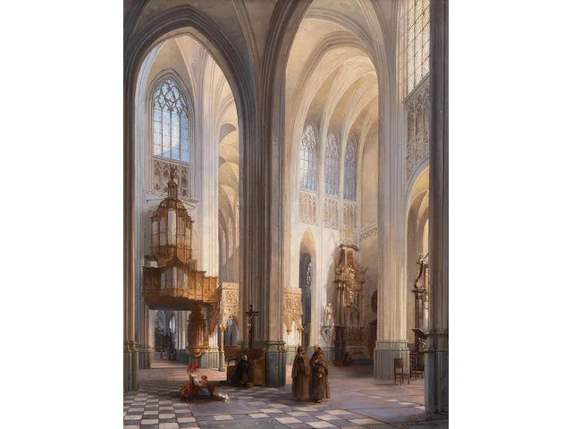 Joseph maswiens (1828-1880), interior of saint peter's church in louvain, oil on canvas, 74 x 57.5 cm. (29.12 x 22.64 in.), frame: 94 x 78 cm. (37.00 x 30.71 in.) - afbeelding 1 van  6