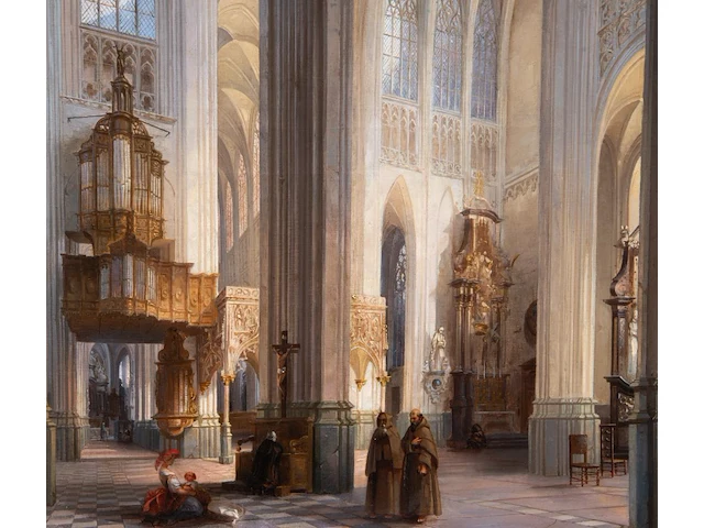 Joseph maswiens (1828-1880), interior of saint peter's church in louvain, oil on canvas, 74 x 57.5 cm. (29.12 x 22.64 in.), frame: 94 x 78 cm. (37.00 x 30.71 in.) - afbeelding 6 van  6