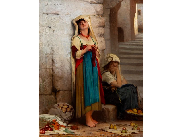 Jules joseph lefebvre (1836-1911), 'fruit vendors', oil on mahogany 40 x 31.5 cm. (15 3/4 x 12.4 in.), frame: 58.5 x 49.5 cm. (23.0 x 19.4 in.) - afbeelding 1 van  6