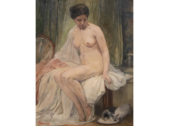 Jules van biesbrouck (1873-1965), female nude model looking at two drinking cats, 1952, oil on unalit 65 x 50 cm. (25.58 x 19.67 in.), frame: 93 x 79 cm. (36.60 x 31.10 in.) - afbeelding 1 van  7
