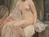 Jules van biesbrouck (1873-1965), female nude model looking at two drinking cats, 1952, oil on unalit 65 x 50 cm. (25.58 x 19.67 in.), frame: 93 x 79 cm. (36.60 x 31.10 in.)
