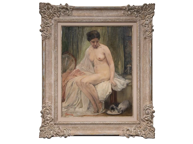 Jules van biesbrouck (1873-1965), female nude model looking at two drinking cats, 1952, oil on unalit 65 x 50 cm. (25.58 x 19.67 in.), frame: 93 x 79 cm. (36.60 x 31.10 in.) - afbeelding 2 van  7