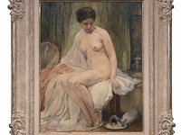 Jules van biesbrouck (1873-1965), female nude model looking at two drinking cats, 1952, oil on unalit 65 x 50 cm. (25.58 x 19.67 in.), frame: 93 x 79 cm. (36.60 x 31.10 in.) - afbeelding 2 van  7