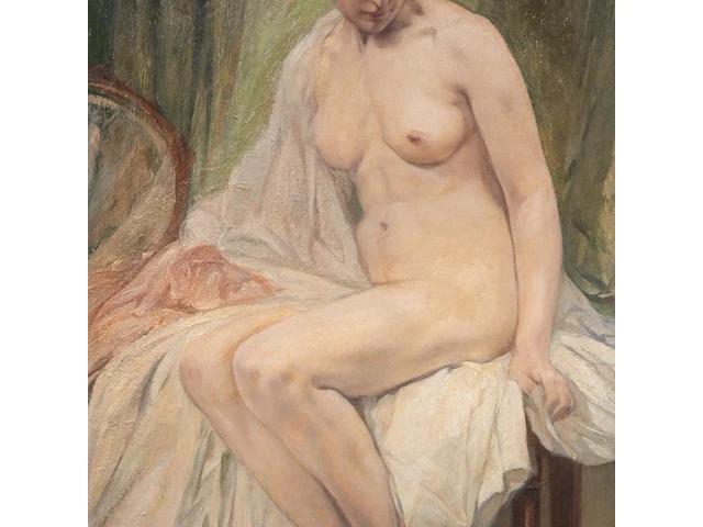 Jules van biesbrouck (1873-1965), female nude model looking at two drinking cats, 1952, oil on unalit 65 x 50 cm. (25.58 x 19.67 in.), frame: 93 x 79 cm. (36.60 x 31.10 in.) - afbeelding 5 van  7