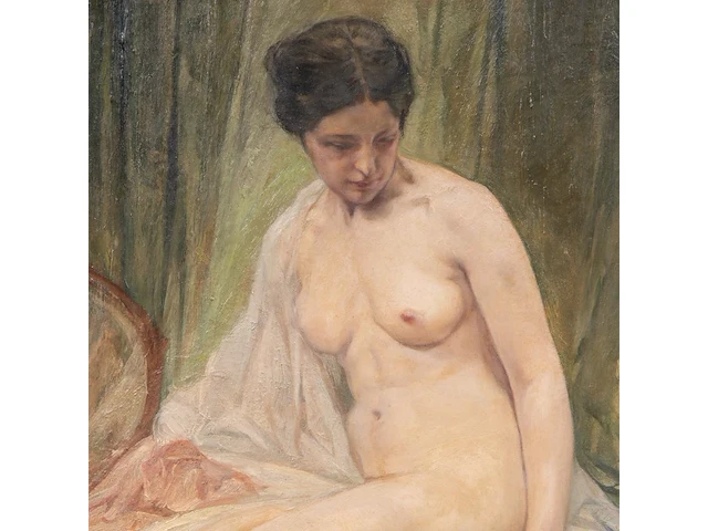 Jules van biesbrouck (1873-1965), female nude model looking at two drinking cats, 1952, oil on unalit 65 x 50 cm. (25.58 x 19.67 in.), frame: 93 x 79 cm. (36.60 x 31.10 in.) - afbeelding 6 van  7