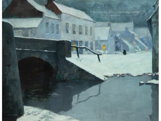 Julien célos (1884-1953), view of bruges in the snow, oil on canvas 71.5 x 91.5 cm. (28.14 x 36.02 in.), frame: 80 x 100 cm. (31 1/2 x 39.36 in.) - afbeelding 1 van  6
