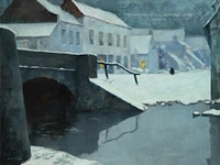 Julien célos (1884-1953), view of bruges in the snow, oil on canvas 71.5 x 91.5 cm. (28.14 x 36.02 in.), frame: 80 x 100 cm. (31 1/2 x 39.36 in.)