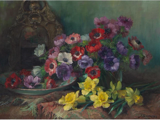 Julien stappers (1875-1960), flower still life, oil on canvas 60 x 80 cm. (23.62 x 31 1/2 in.), frame: 78 x 98 cm. (30.71 x 38.57 in.) - afbeelding 1 van  6