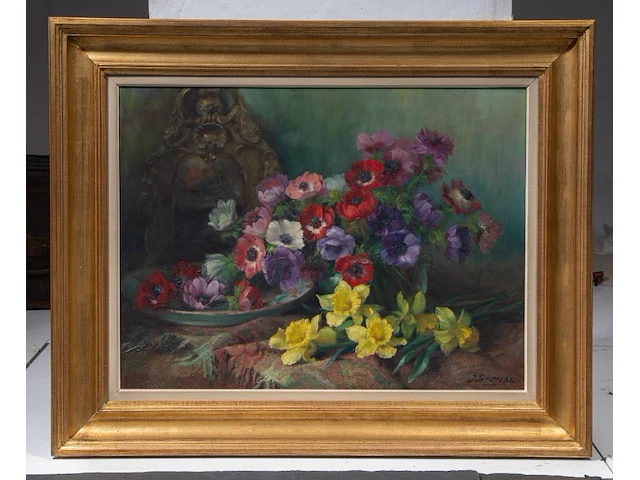 Julien stappers (1875-1960), flower still life, oil on canvas 60 x 80 cm. (23.62 x 31 1/2 in.), frame: 78 x 98 cm. (30.71 x 38.57 in.) - afbeelding 2 van  6
