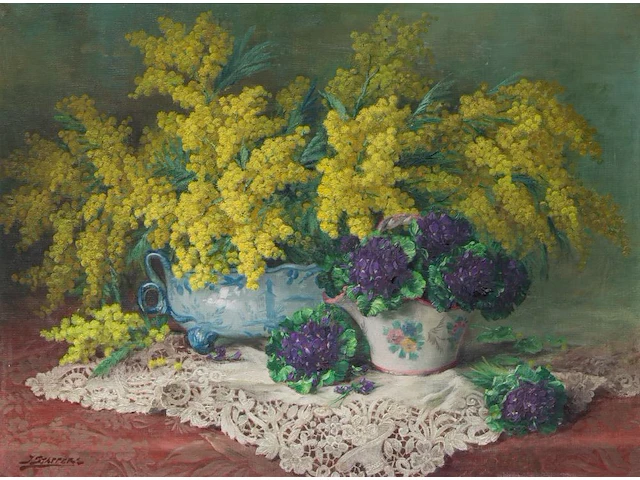 Julien stappers (1875-1960), flower still life, oil on canvas 60 x 80 cm. (23.62 x 31 1/2 in.), frame: 84 x 102 cm. (33.07 x 40.15 in.) - afbeelding 1 van  4