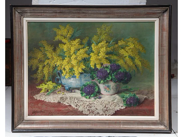 Julien stappers (1875-1960), flower still life, oil on canvas 60 x 80 cm. (23.62 x 31 1/2 in.), frame: 84 x 102 cm. (33.07 x 40.15 in.) - afbeelding 2 van  4