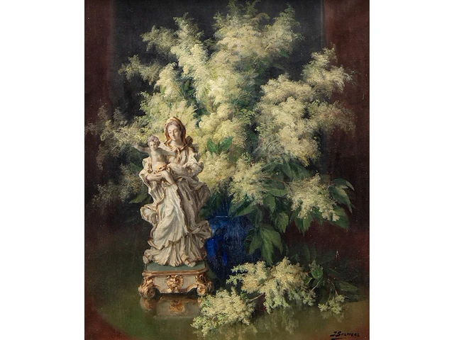Julien stappers (1875-1960), flower still life with a sculpture of the holy virgin, oil on canvas 85 x 70 cm. (33.46 x 27.55 in.), frame: 105 x 90 cm. (41.34 x 35.42 in.) - afbeelding 1 van  4