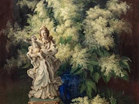 Julien stappers (1875-1960), flower still life with a sculpture of the holy virgin, oil on canvas 85 x 70 cm. (33.46 x 27.55 in.), frame: 105 x 90 cm. (41.34 x 35.42 in.)