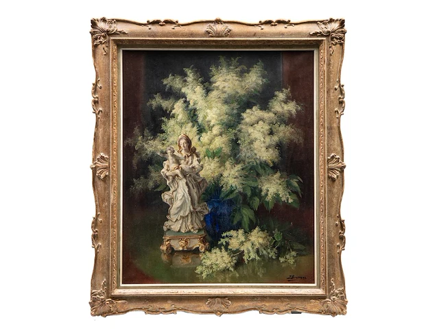 Julien stappers (1875-1960), flower still life with a sculpture of the holy virgin, oil on canvas 85 x 70 cm. (33.46 x 27.55 in.), frame: 105 x 90 cm. (41.34 x 35.42 in.) - afbeelding 2 van  4