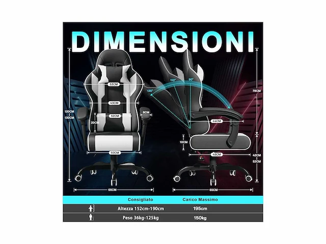 Jummico gamingstoel met massagefunctie-tot 150 kg, zwart-wit - afbeelding 1 van  2