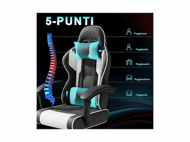 Jummico gamingstoel met massagefunctie-tot 150 kg, zwart-wit - afbeelding 2 van  2