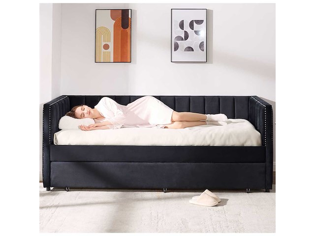 Kajuitbed auckland - 90 x 200 cm - met onderschuifbed - zwart velours - afbeelding 5 van  8