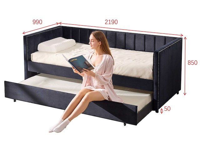 Kajuitbed auckland - 90 x 200 cm - met onderschuifbed - zwart velours - afbeelding 6 van  8