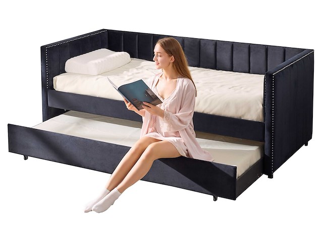 Kajuitbed auckland - 90 x 200 cm - met onderschuifbed - zwart velours - afbeelding 7 van  8