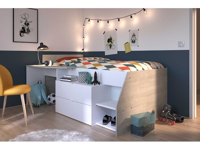 Kajuitbed milky met bureau en lades - wit/eik - afbeelding 1 van  7